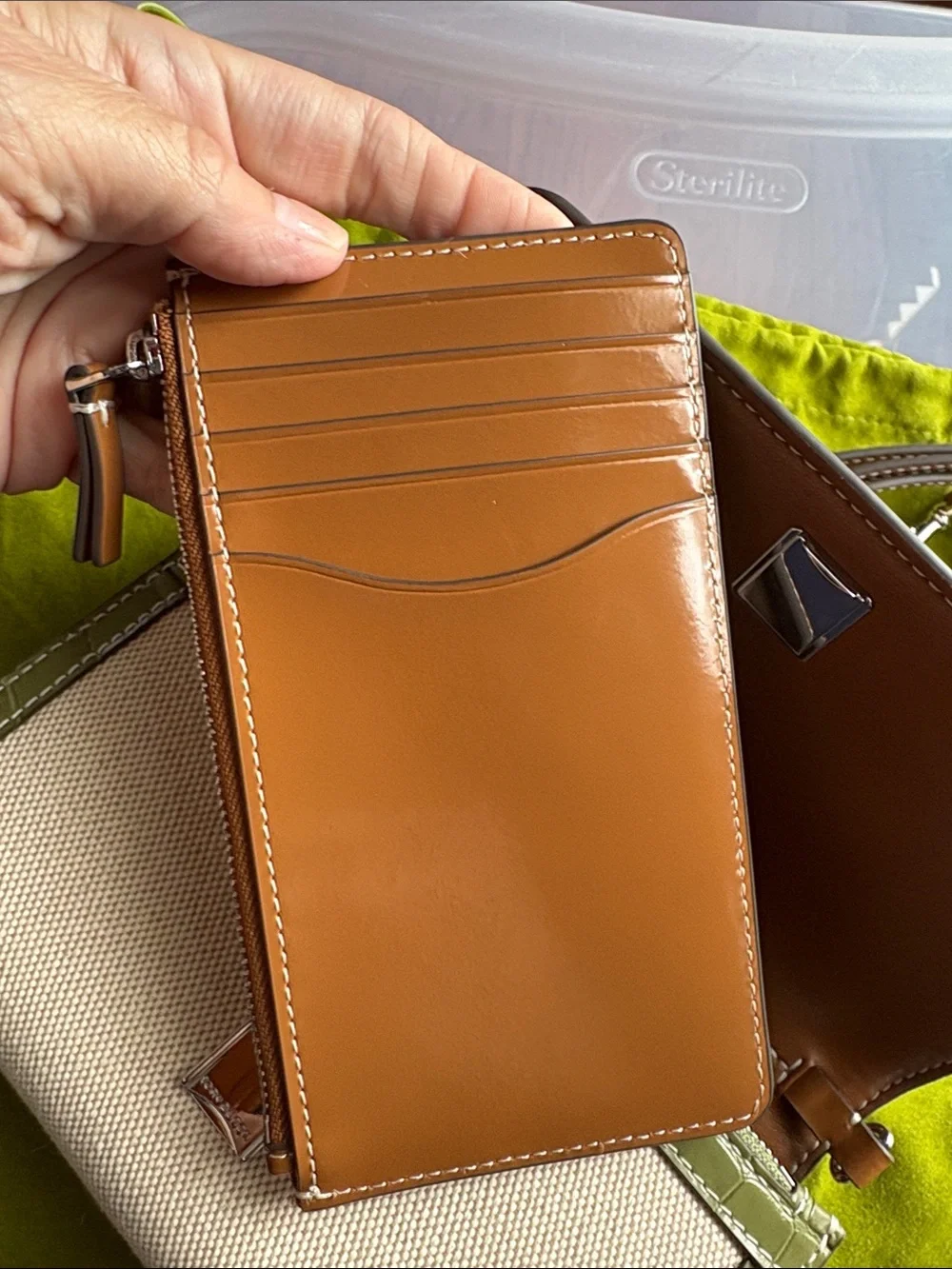 Tory Burch Thea Flat Wallet Crossbody Canvas Green Croc-embossed leather trim - Picture 7 of 16